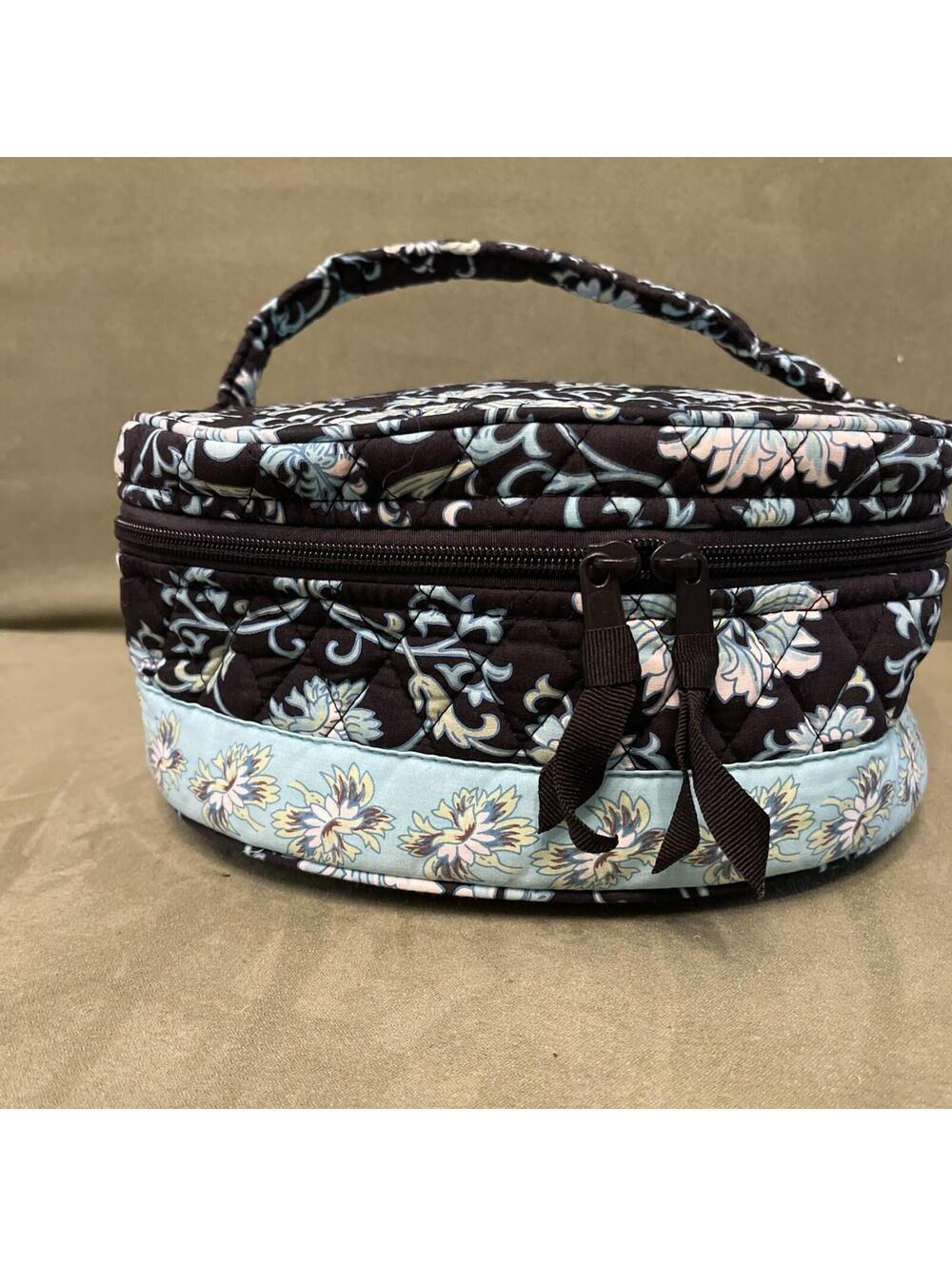 Lemon Hill Oval Quilted Accessory Toiletry Bag Black Blue Floral Pattern